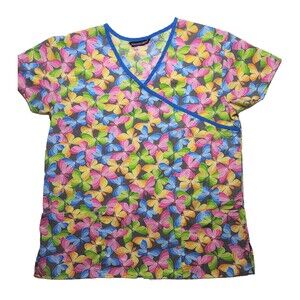 Woman's Scrub Top Butterflies Rainbow Size M Polycotton Vet Medical Office